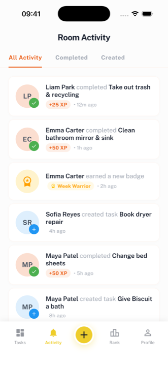 TickPop activity feed listing completed tasks, XP gains, and a new badge