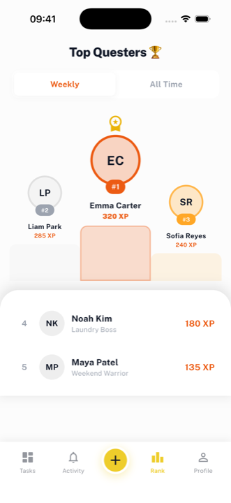 TickPop weekly leaderboard podium with the top three members and their XP